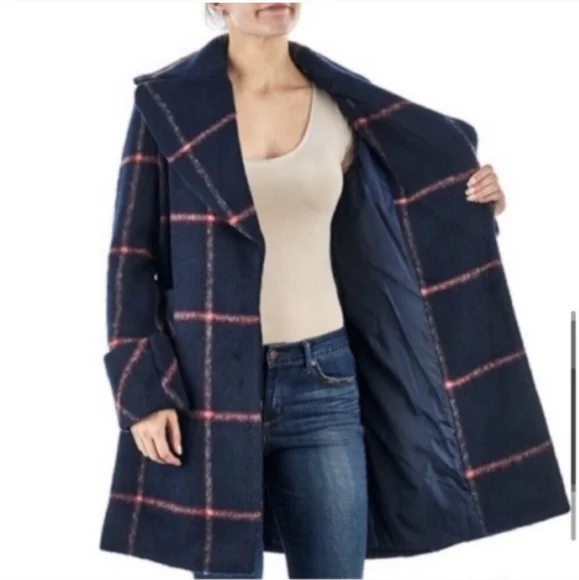 KENDALL & KYLIE PLAID NAVY WOOL COAT JACKET - Picture 4 of 11